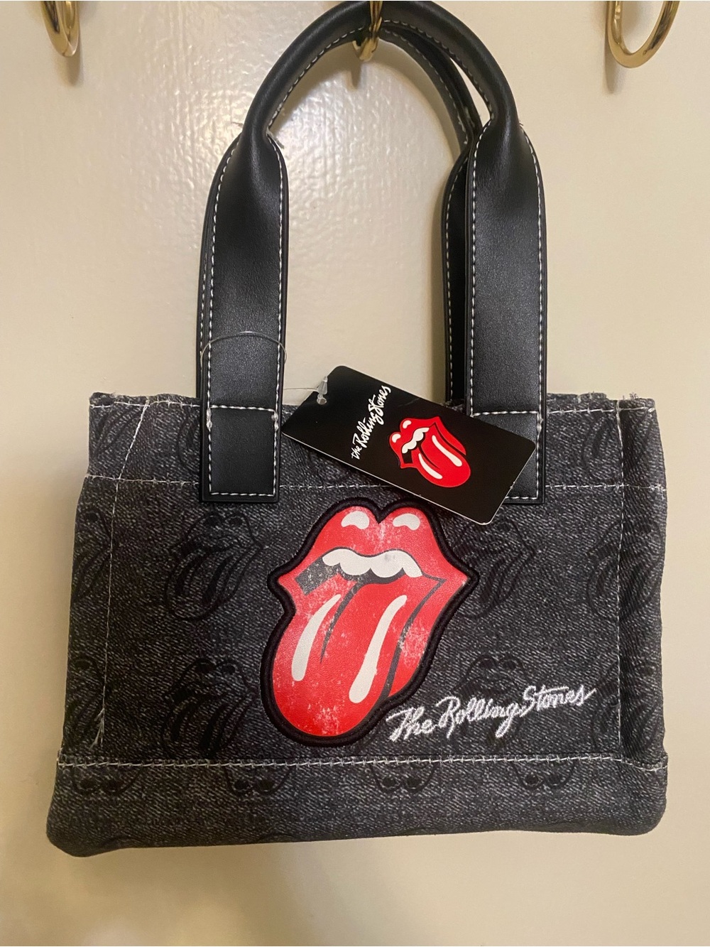 The Rolling Stones Black Denim Messenger Bag with Red Tongue Logo